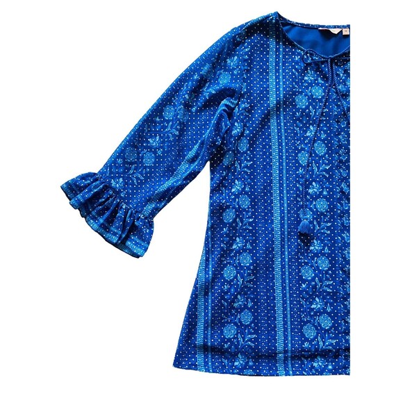 ITSE Women’s Top Tassle Front Tie Bell Sleeves Royal Blue Gold Dots Size Medium - Picture 12 of 12